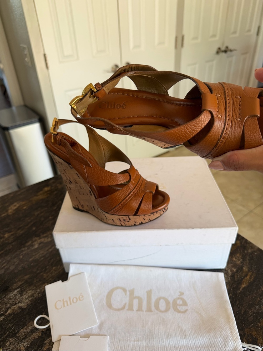 Chloé Tan Leather Cork Wedge Sandals - Picture 5 of 9